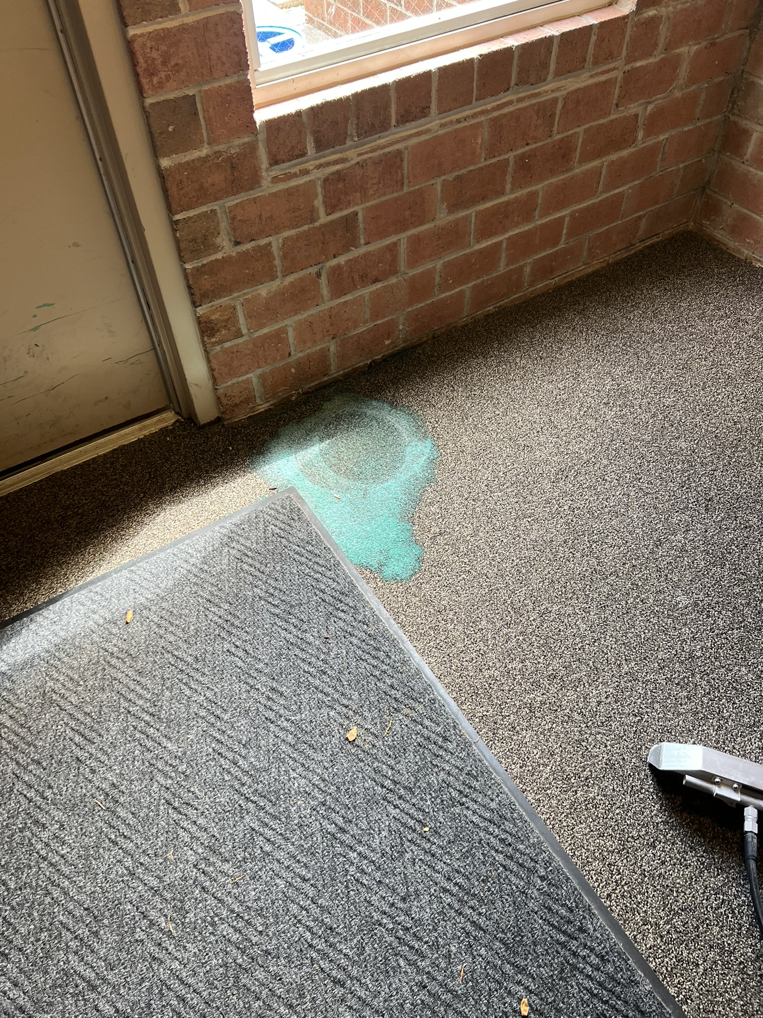 Large teal spill at a multi-unit entryway with brick walls and doormat, before cleaning