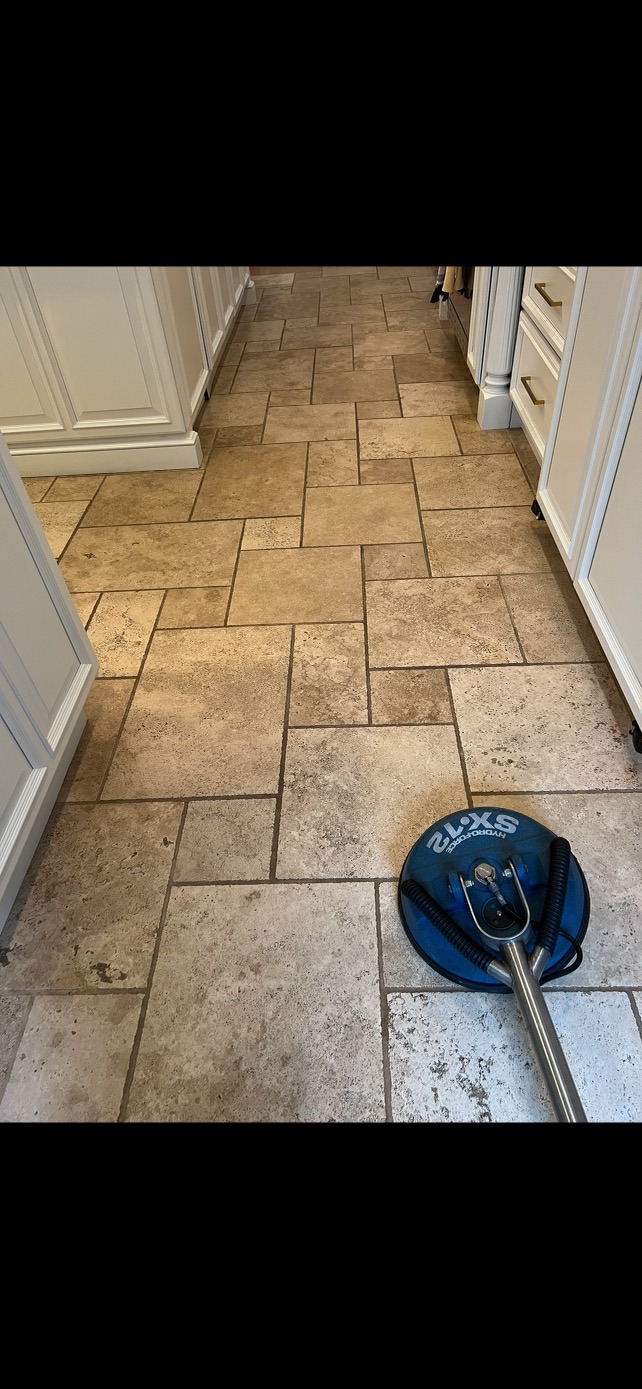 Rotary tile spinner cleaning travertine floor