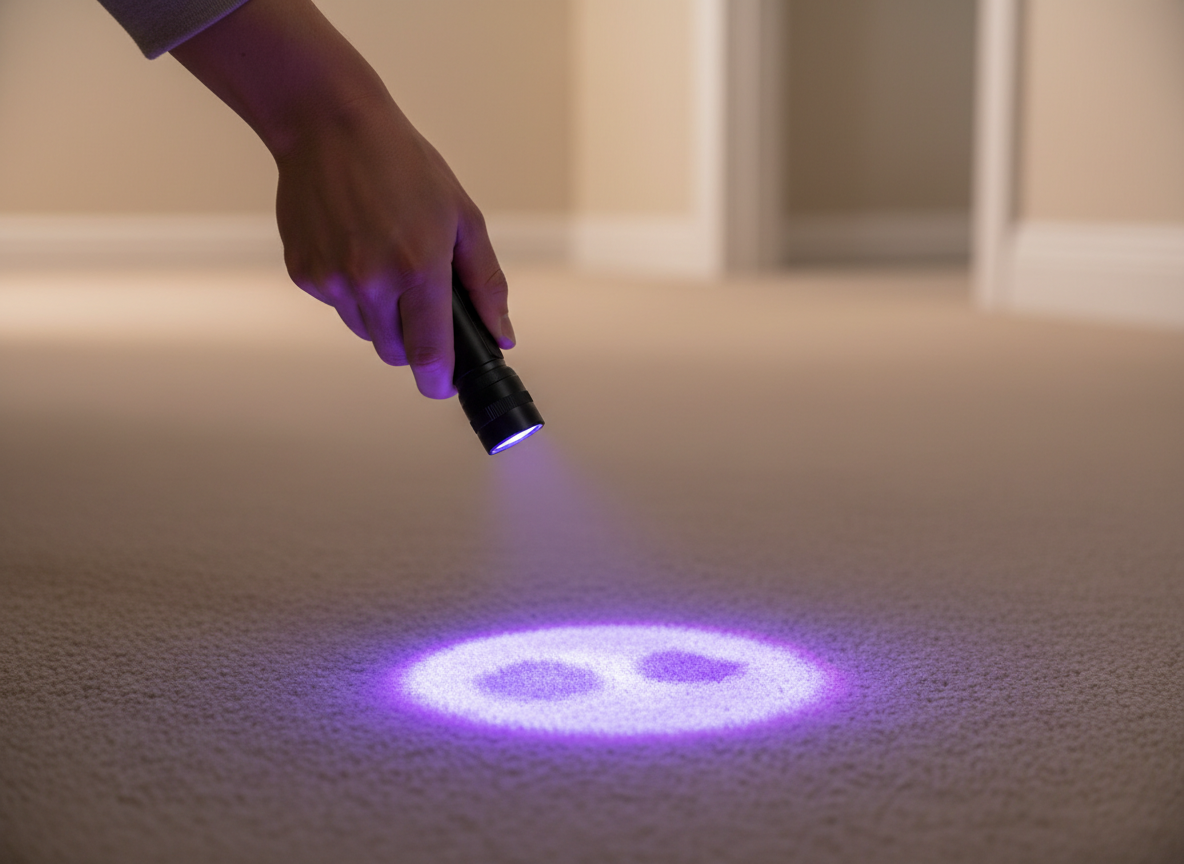 UV flashlight beam revealing hidden pet urine stains on carpet